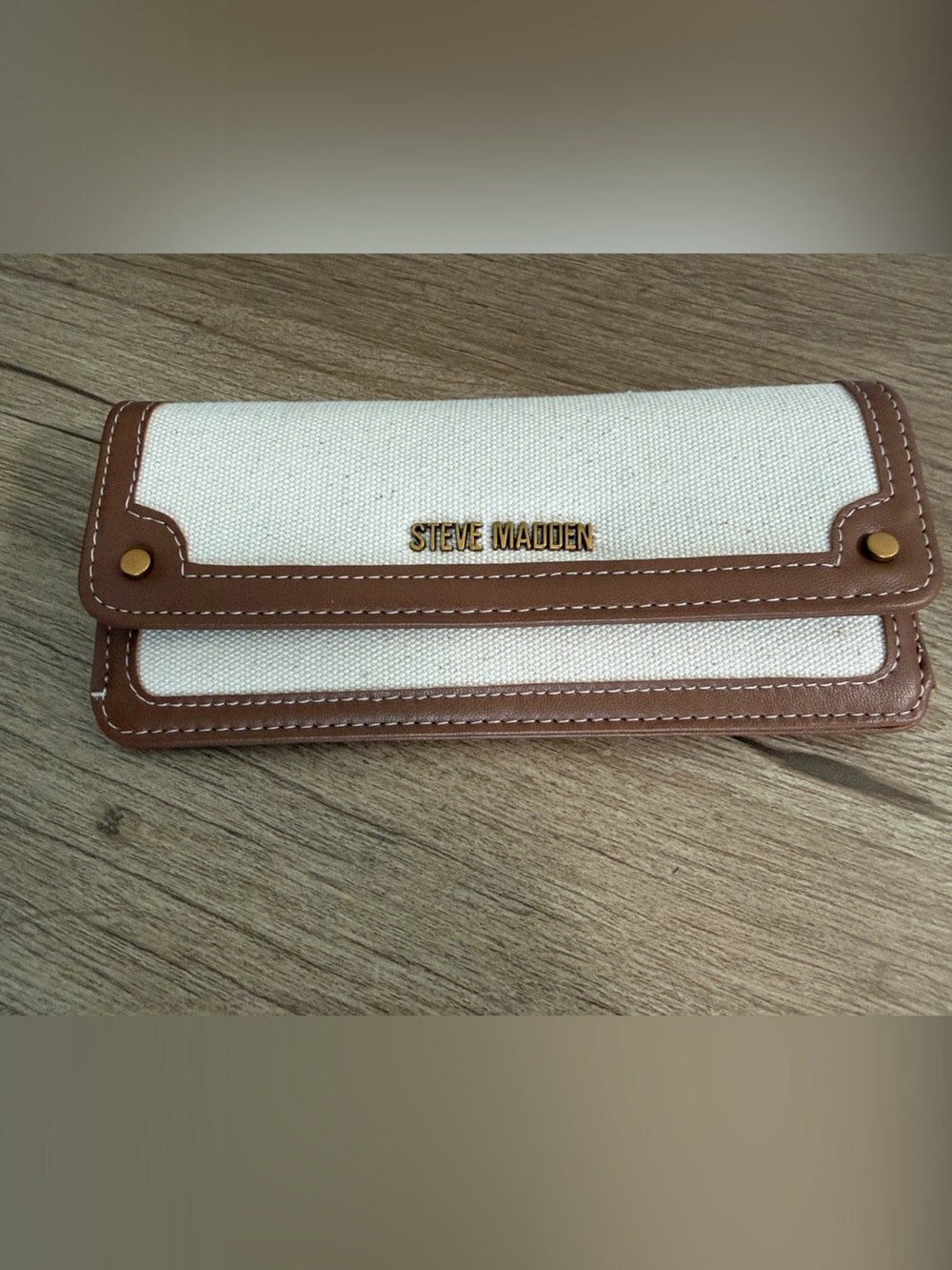 Steve Madden Cream Canvas Wallet with Brown Trim and Gold Logo